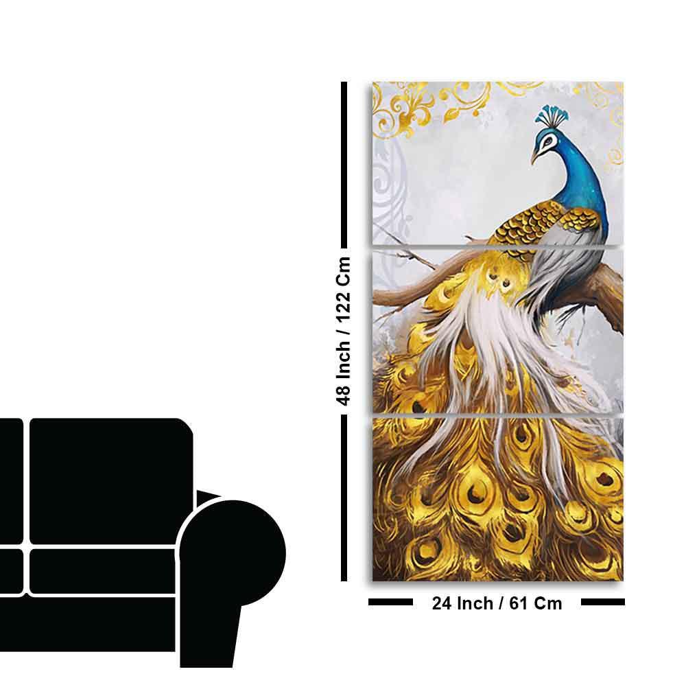 A Beautiful 3 Pieces Wall Painting of Golden Peacock - Decor Smart