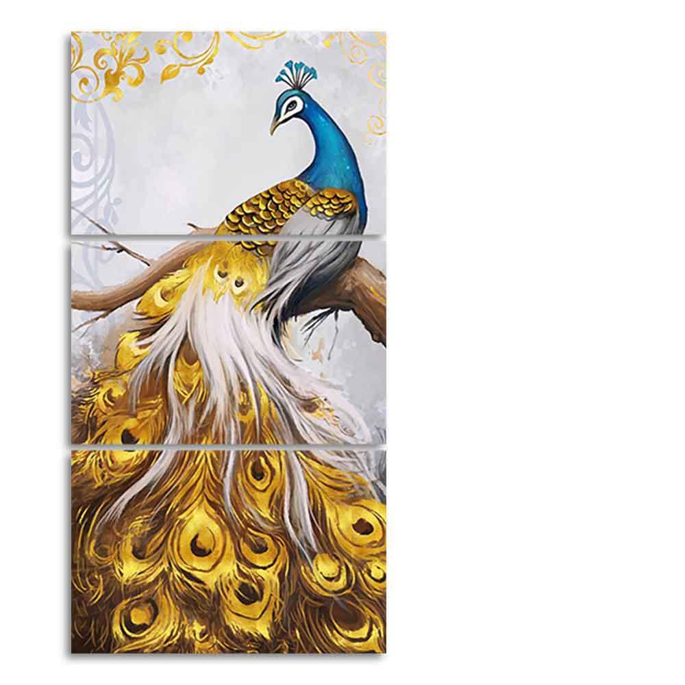 A Beautiful 3 Pieces Wall Painting of Golden Peacock - Decor Smart