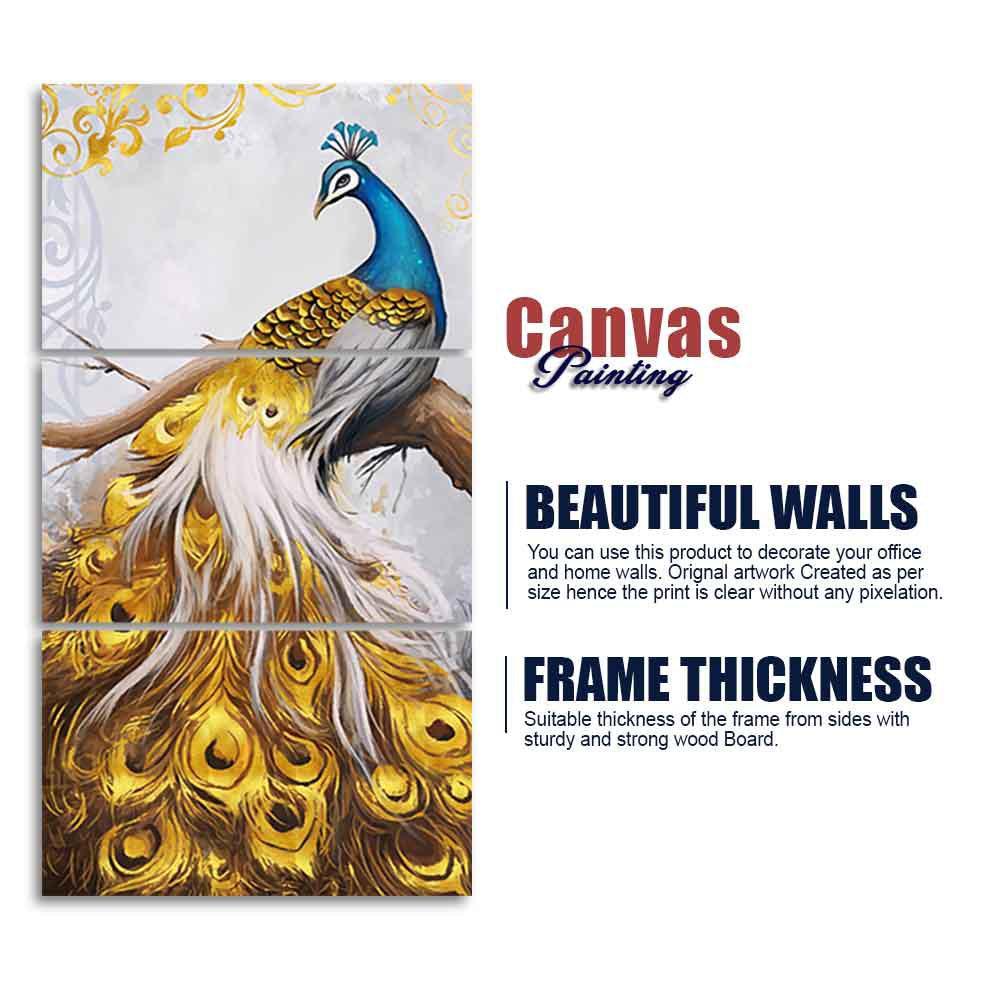 A Beautiful 3 Pieces Wall Painting of Golden Peacock - Decor Smart