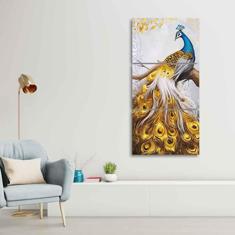 A Beautiful 3 Pieces Wall Painting of Golden Peacock - Decor Smart