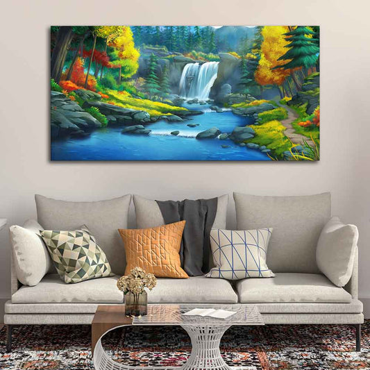 A Beautiful Scenery of Waterfall In Forest Canvas Wall Painting - Decor Smart