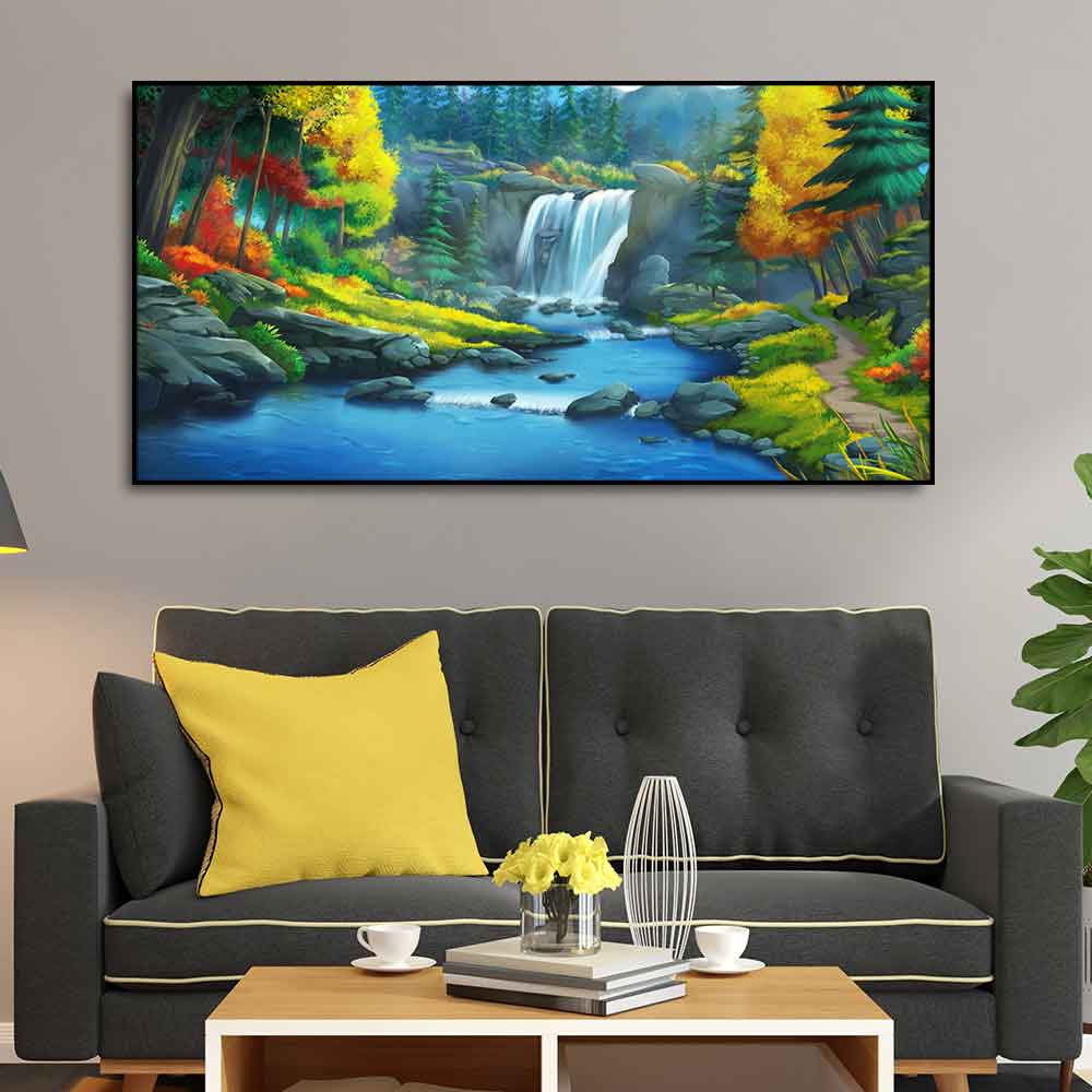 A Beautiful Scenery of Waterfall In Forest Canvas Wall Painting - Decor Smart