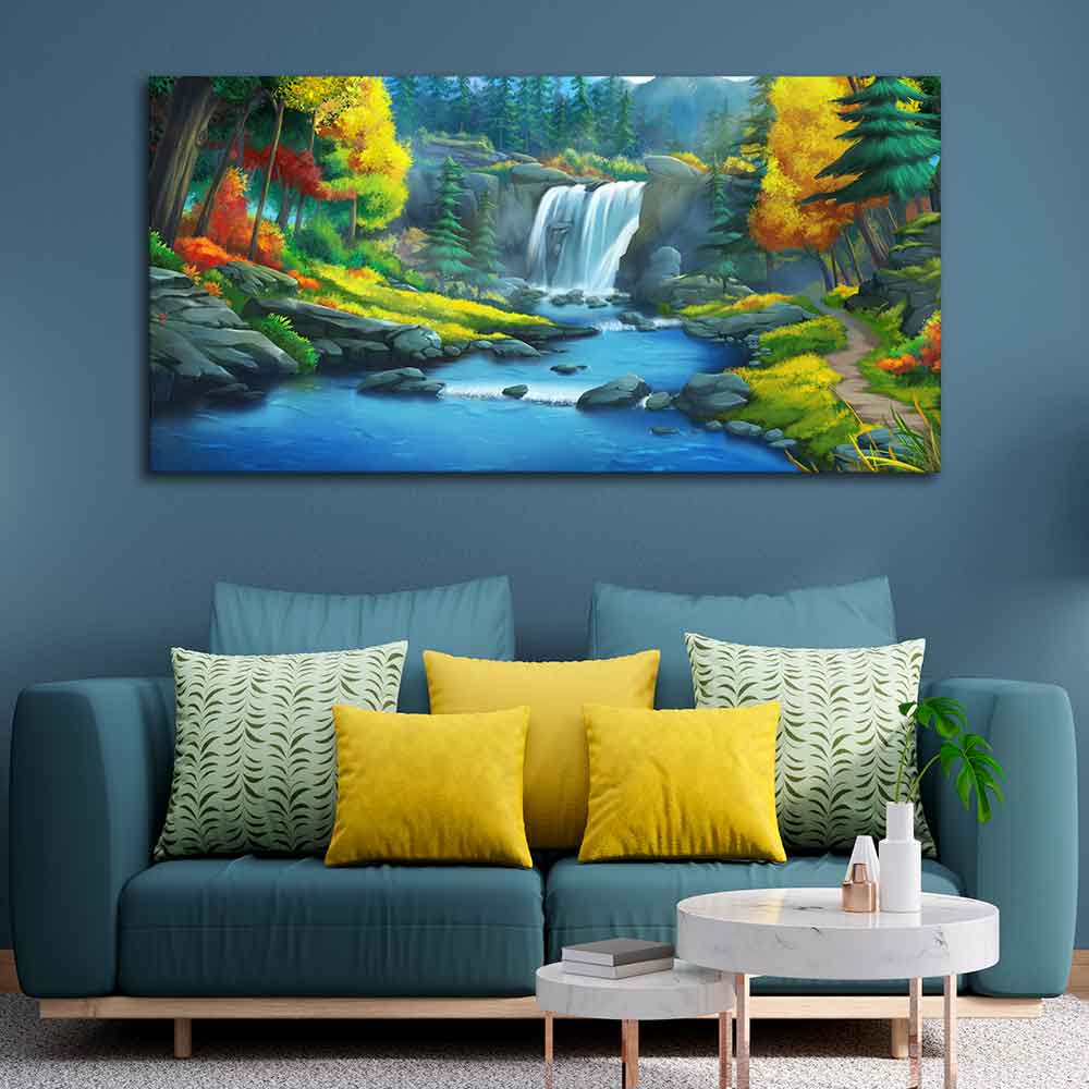 A Beautiful Scenery of Waterfall In Forest Canvas Wall Painting - Decor Smart