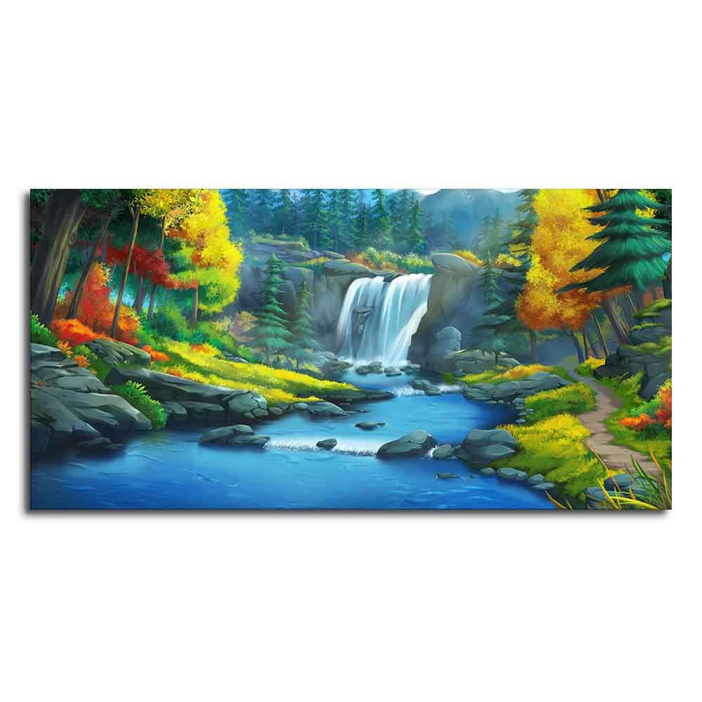 A Beautiful Scenery of Waterfall In Forest Canvas Wall Painting - Decor Smart