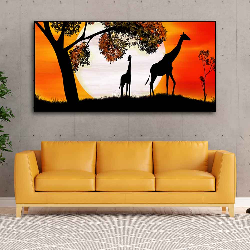 A Pair of Giraffe under a Tree in Sunset Canvas Wall Painting - Decor Smart