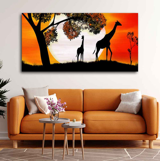 A Pair of Giraffe under a Tree in Sunset Canvas Wall Painting - Decor Smart