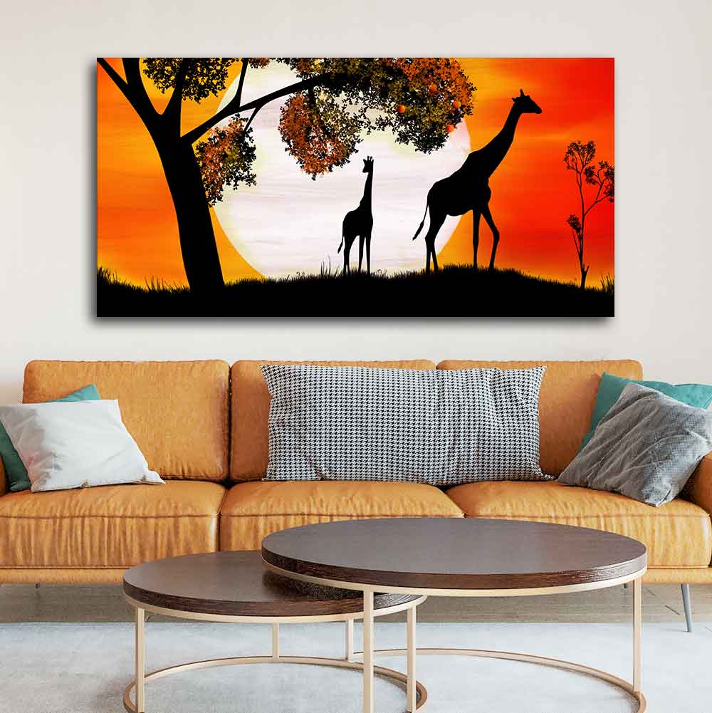 A Pair of Giraffe under a Tree in Sunset Canvas Wall Painting - Decor Smart