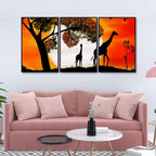 A Pair of Giraffe under a Tree in Sunset Floating Canvas Wall Painting Set of Three
