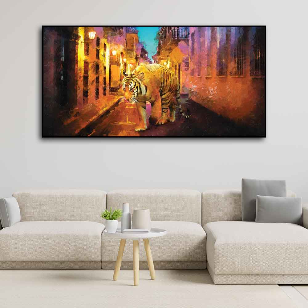 A Tiger Walking in the Street Premium Wall Painting - Decor Smart