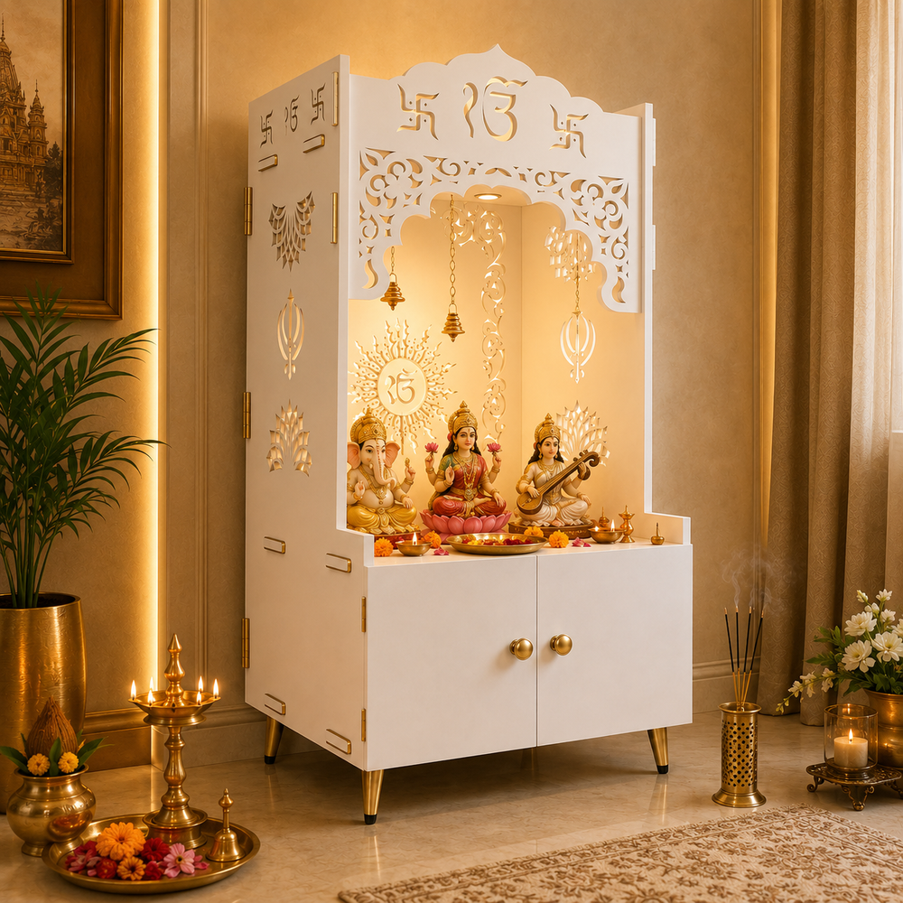 Brown Wooden Floor Pooja Mandir with Ik Onkar & Swastik Design Laser-Cut Bell Motifs Storage Cabinet & Ornate Arch