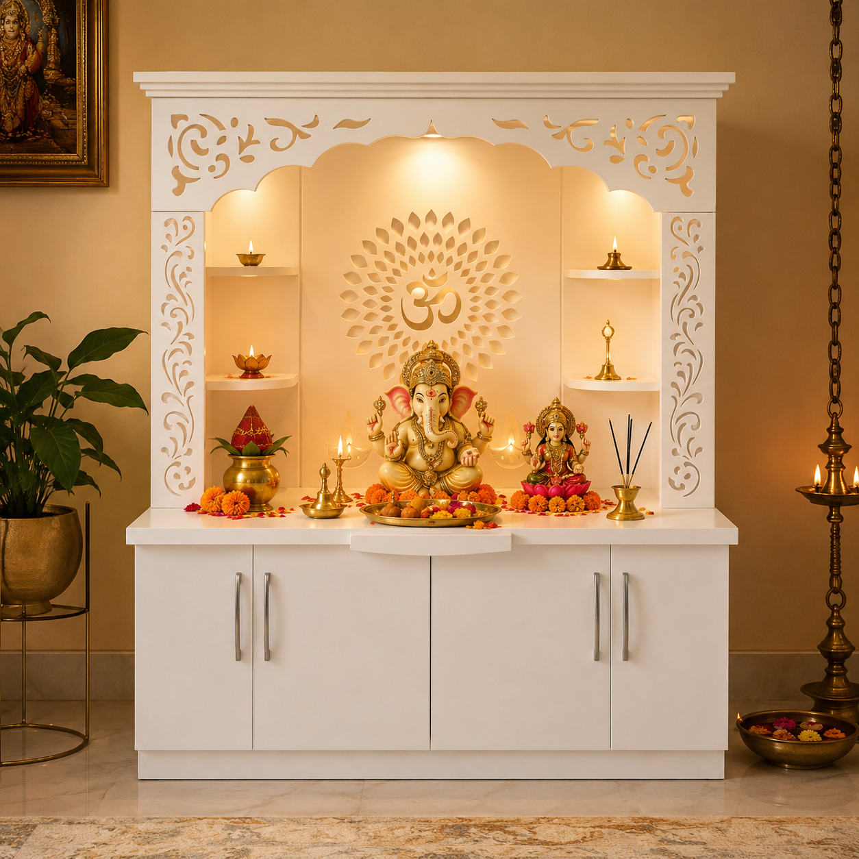 Premium White Wooden Floor Temple with Storage Space for Home