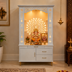 Gorgeous White Wooden Temple with OM LED Back Panel & Spacious Drawers Storage Cabinet for Home & Office