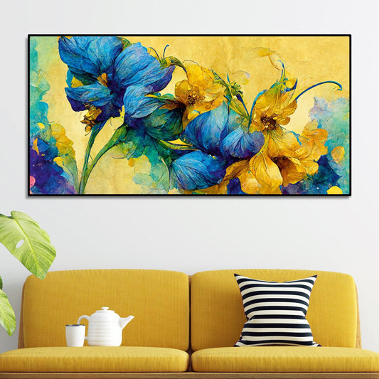 Abstract Blue and Gold Floral Art Canvas Wall Painting - Decor Smart
