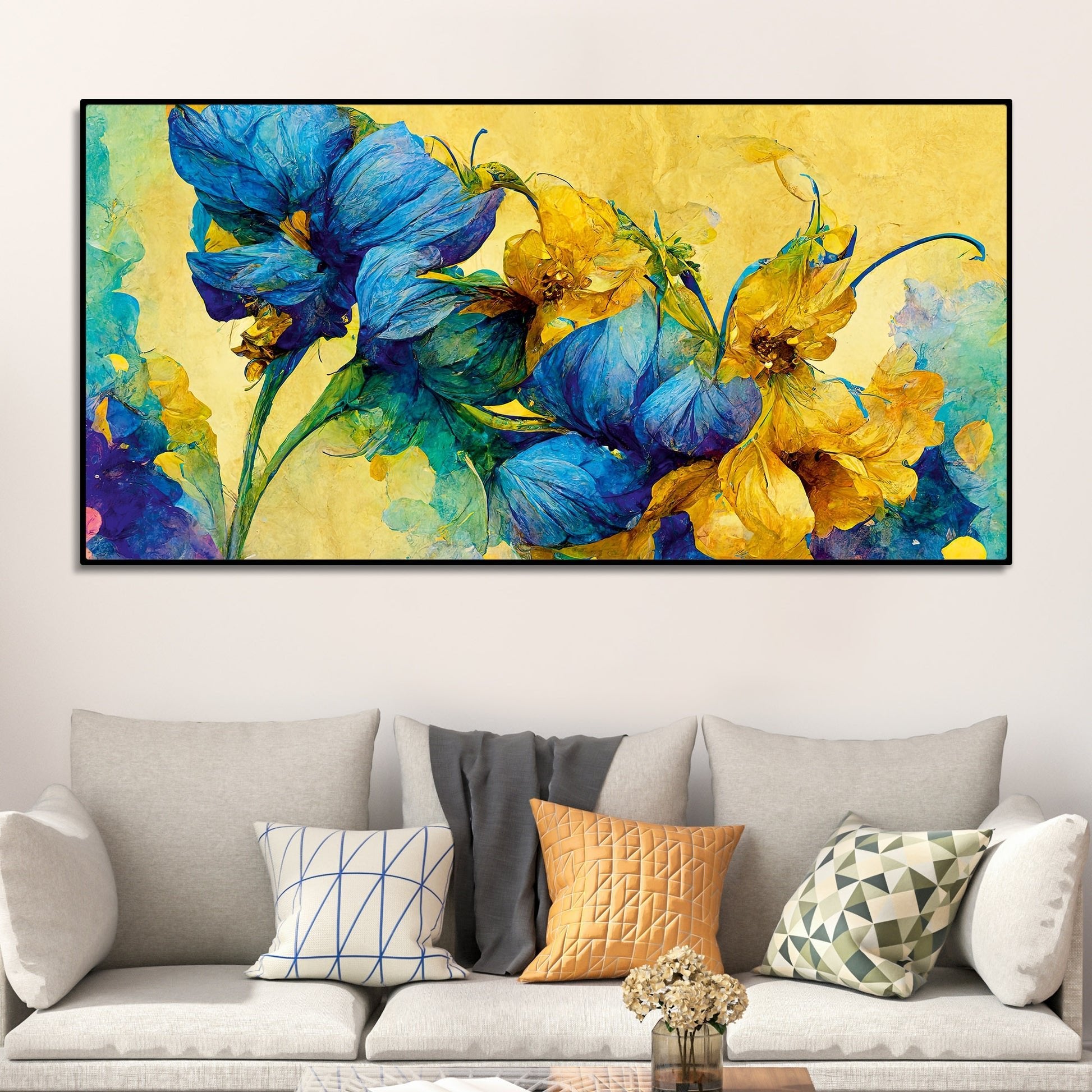 Abstract Blue and Gold Floral Art Canvas Wall Painting - Decor Smart