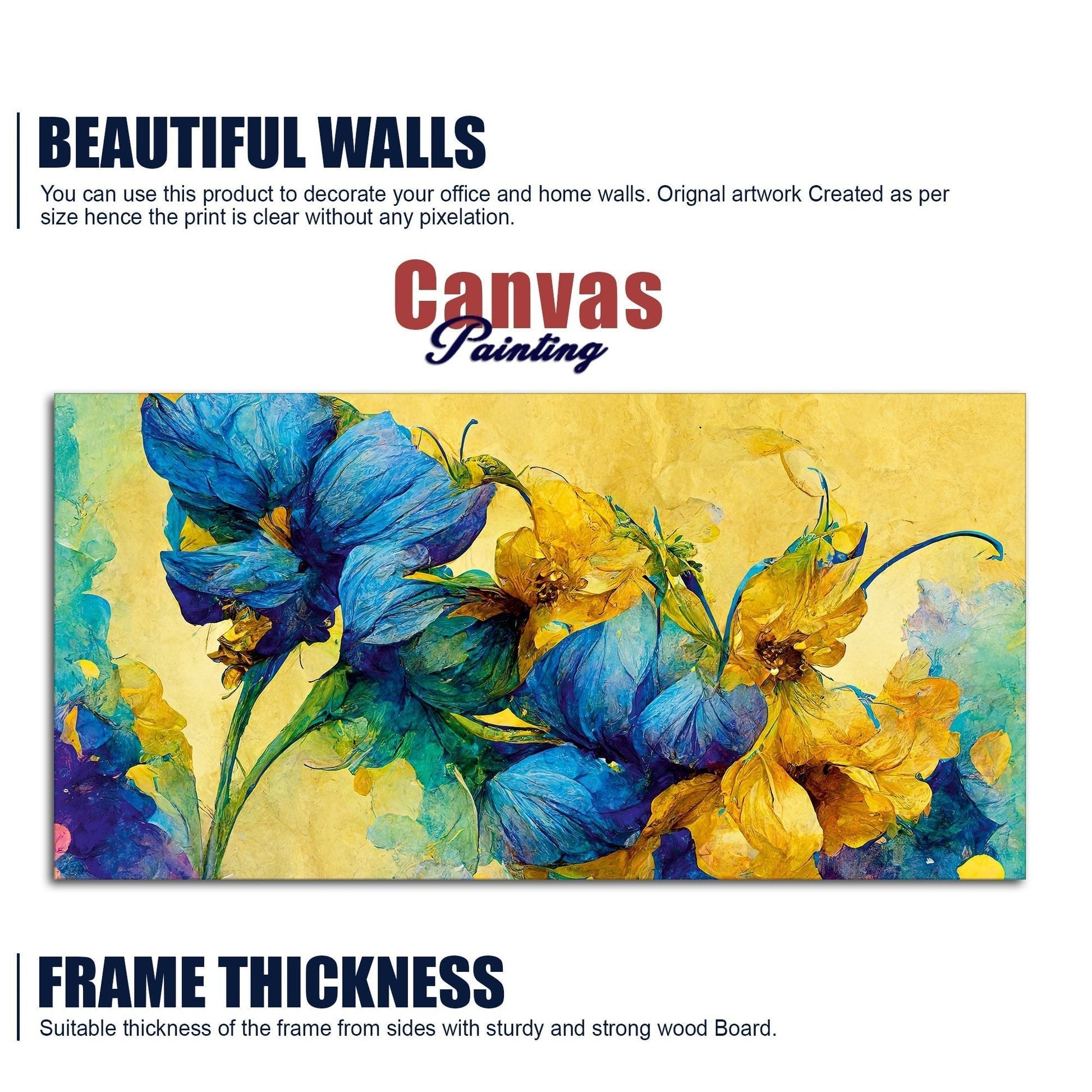 Abstract Blue and Gold Floral Art Canvas Wall Painting - Decor Smart