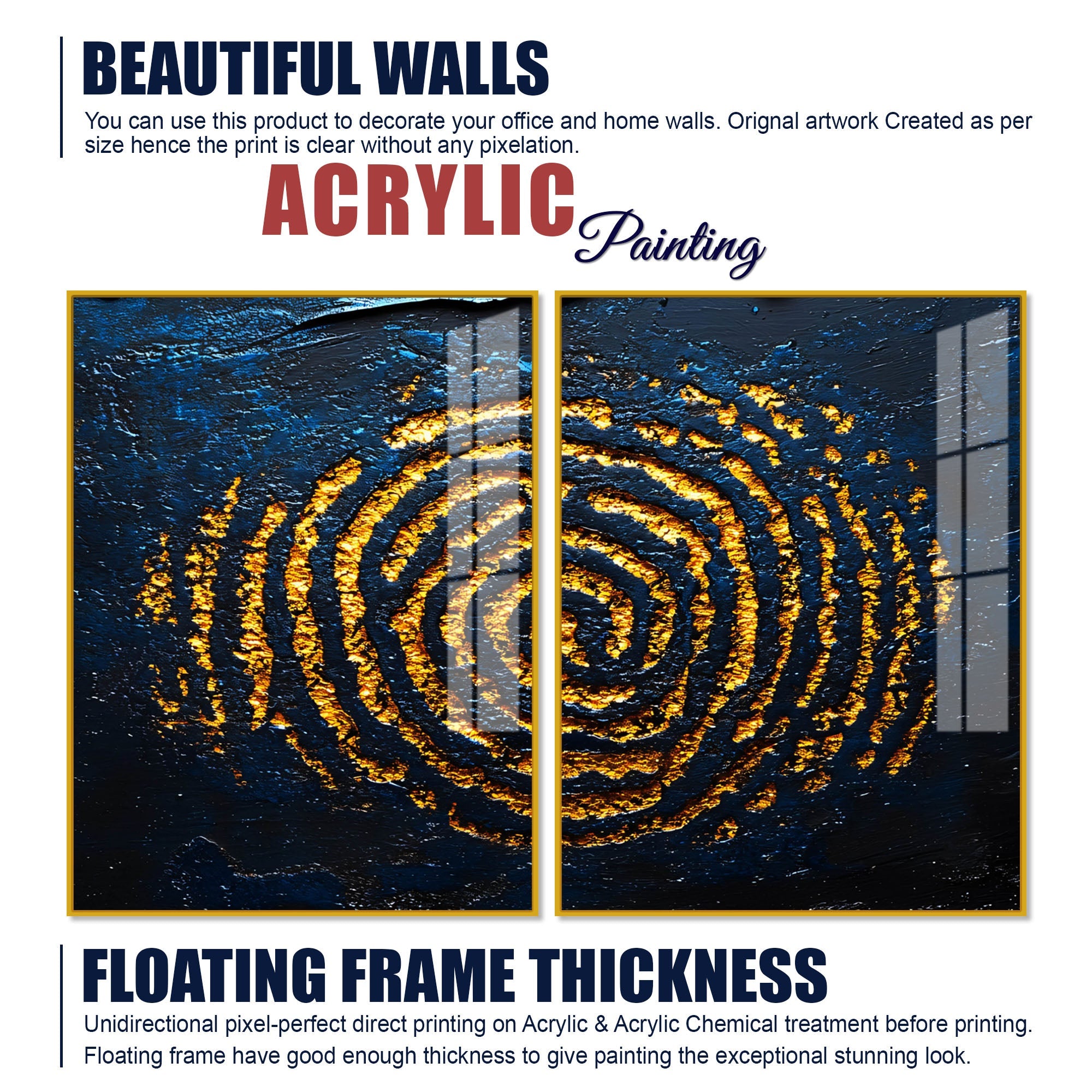 Abstract Dark Blue Background Golden Textured Acrylic Floating Wall Painting Set of 2