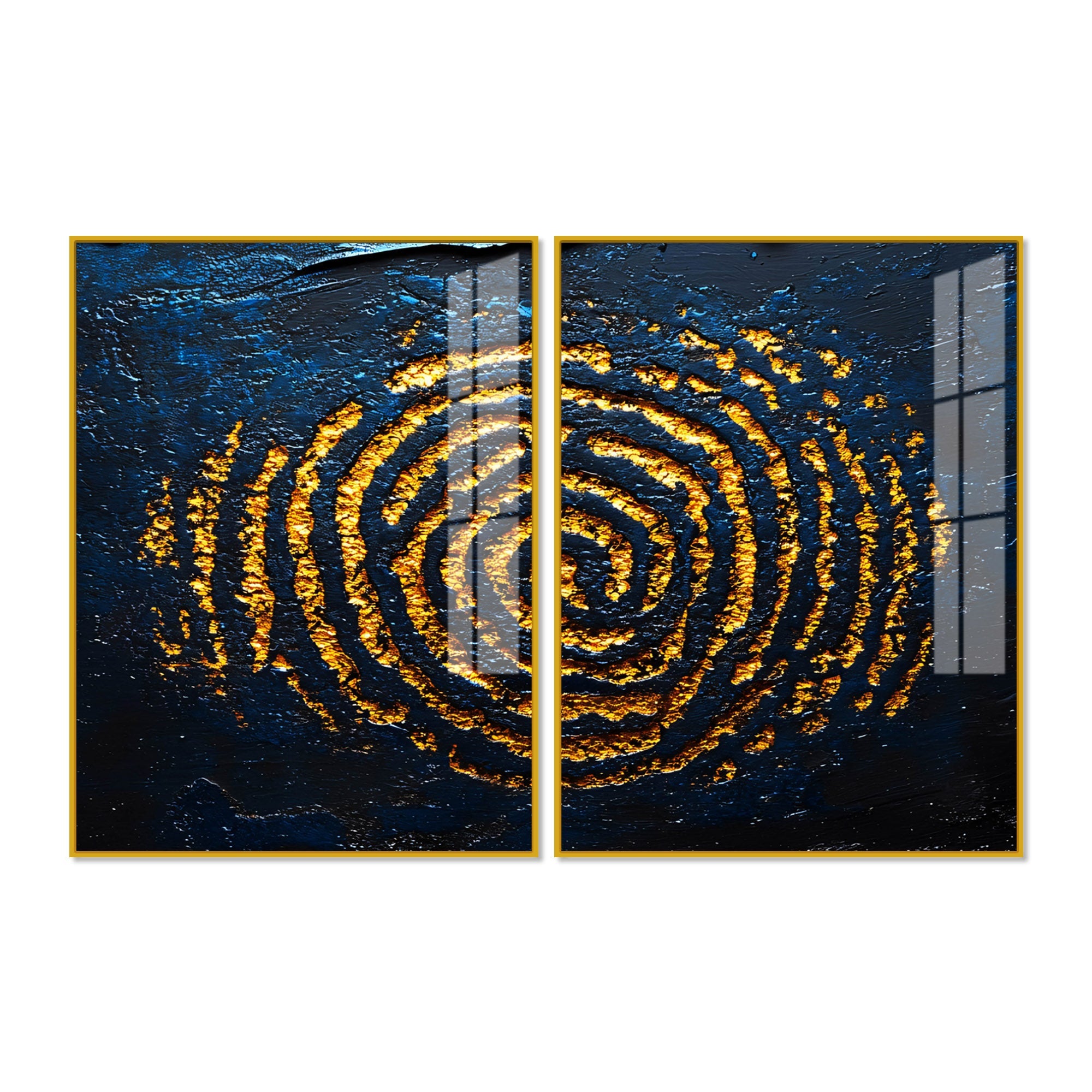 Abstract Dark Blue Background Golden Textured Acrylic Floating Wall Painting Set of 2