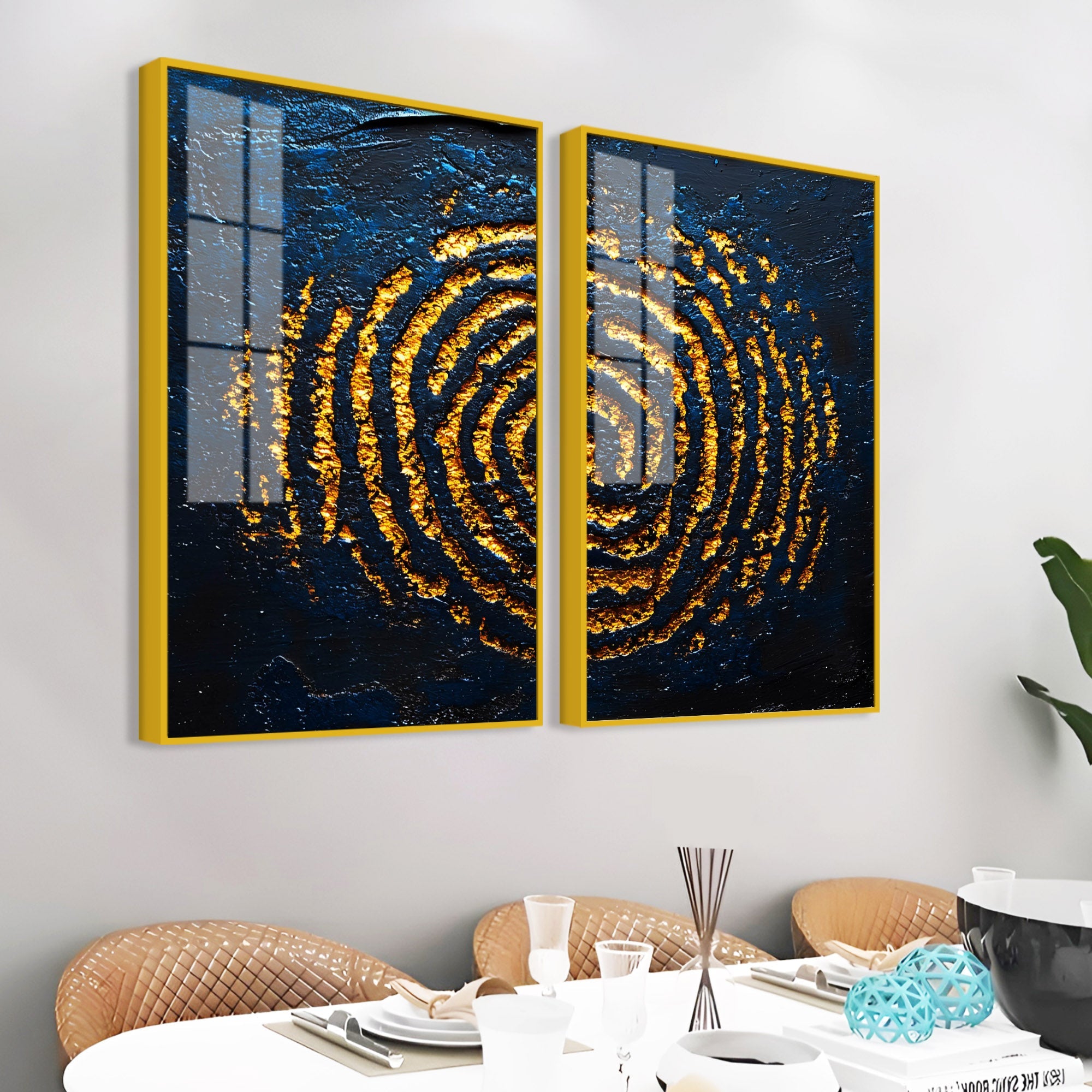Abstract Dark Blue Background Golden Textured Acrylic Floating Wall Painting Set of 2