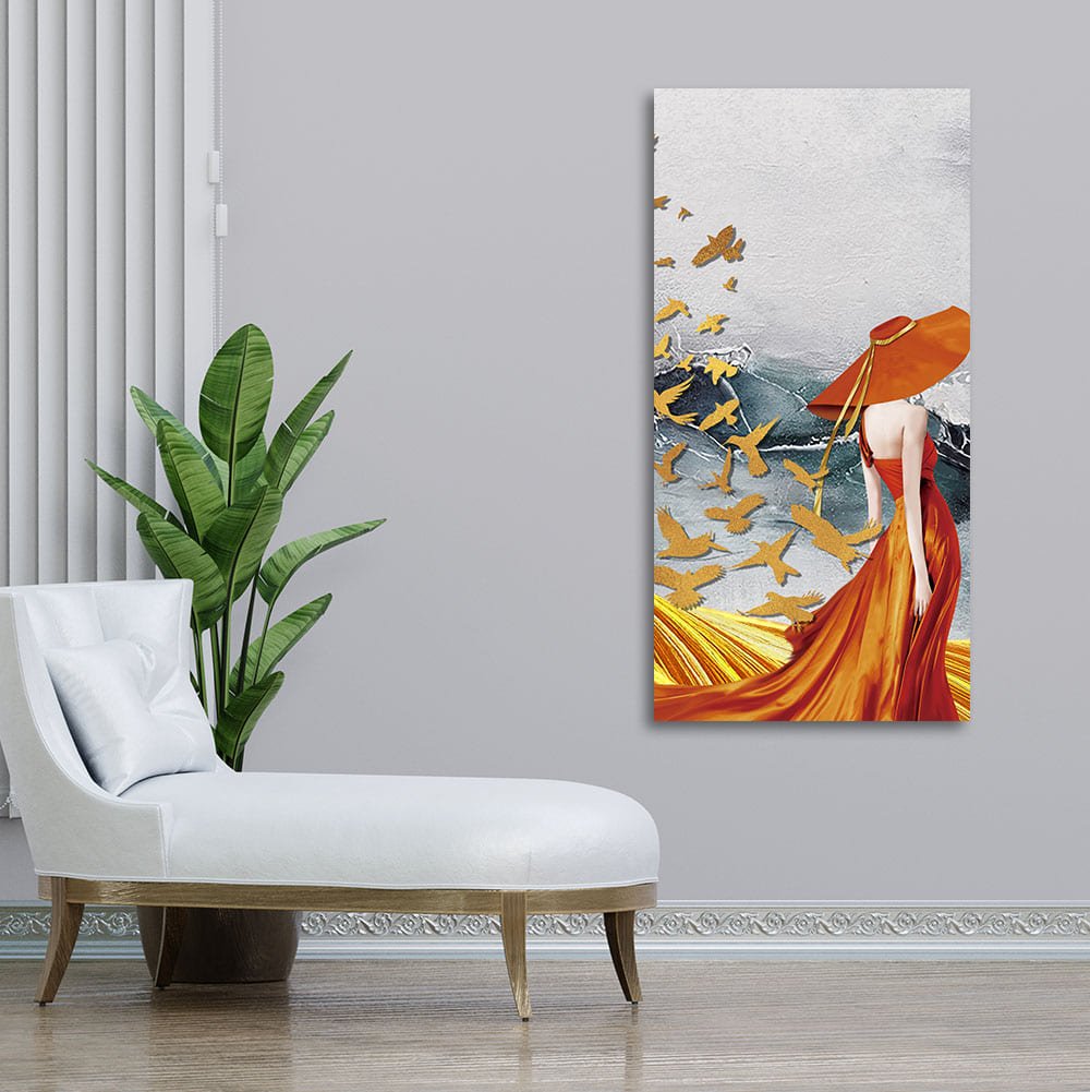 Abstract Fashion Woman in Golden Dress Canvas Wall Painting - Decor Smart