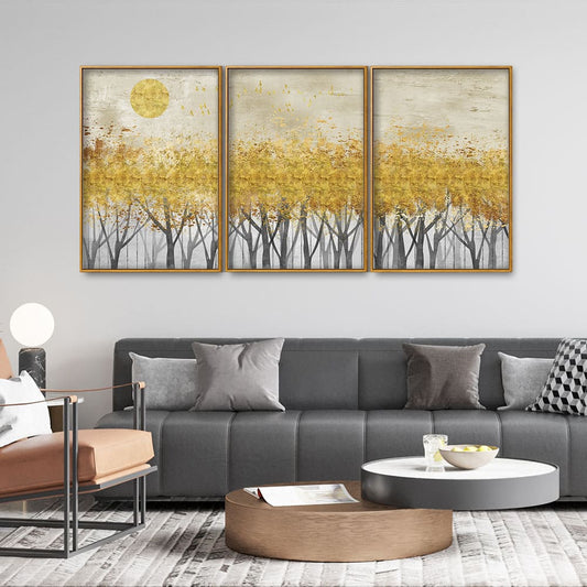 Abstract Forest Golden Leaf Art Premium Floating Canvas Wall Painting Set of Three - Decor Smart