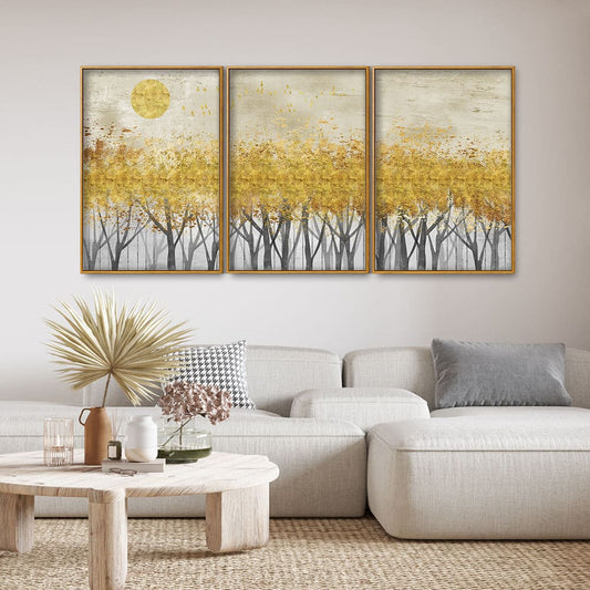 Abstract Forest Golden Leaf Art Premium Floating Canvas Wall Painting Set of Three - Decor Smart