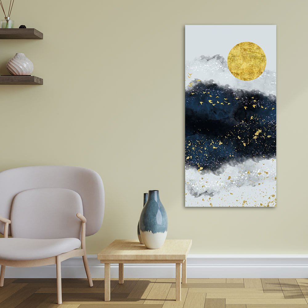 Abstract Gold Field Moon with Birds Canvas Wall Painting - Decor Smart