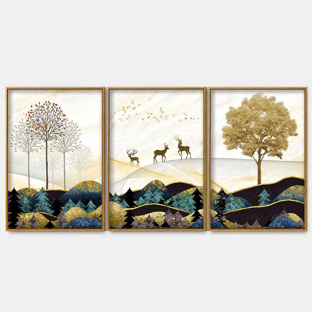 Abstract Golden Landscape Trees with Golden Deer Floating Canvas Wall Painting Set of Three - Decor Smart