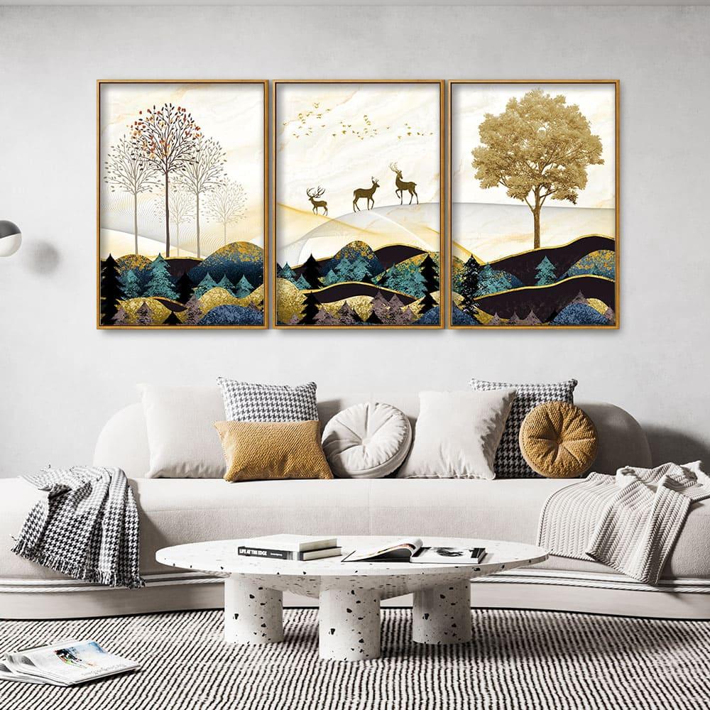 Abstract Golden Landscape Trees with Golden Deer Floating Canvas Wall Painting Set of Three - Decor Smart