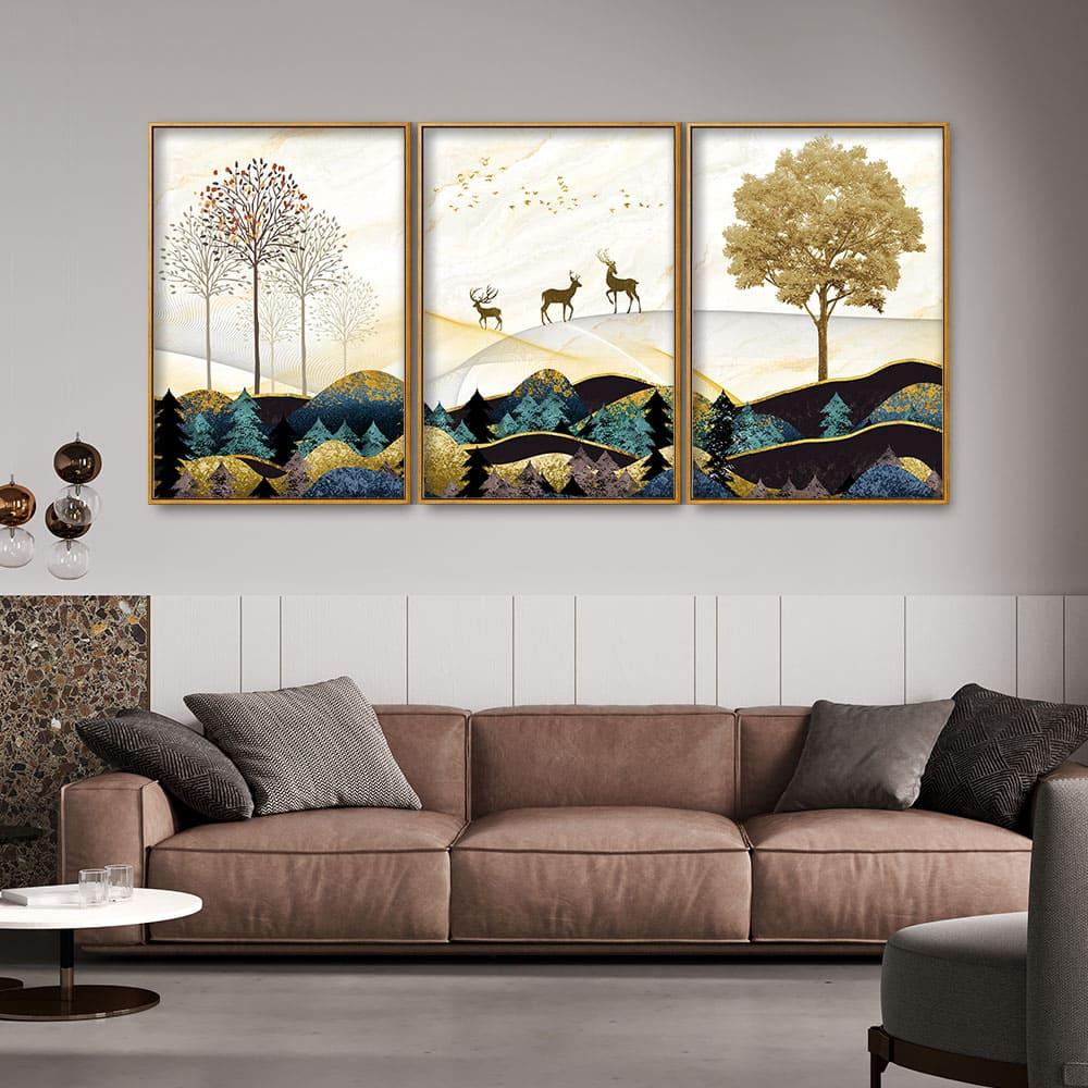 Abstract Golden Landscape Trees with Golden Deer Floating Canvas Wall Painting Set of Three - Decor Smart