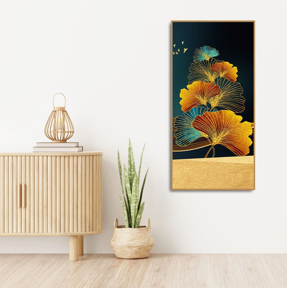 Abstract Golden Plant Leaves Canvas Wall Painting - Decor Smart