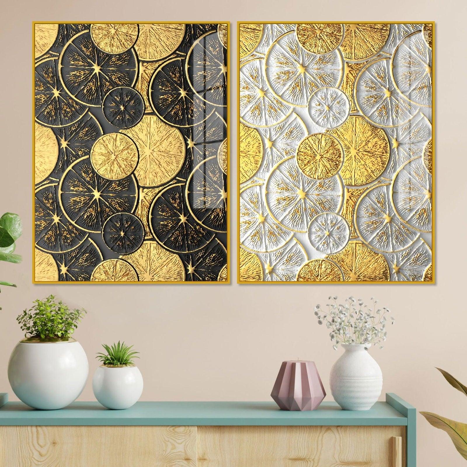 Abstract Golden Shapes Art Acrylic Floating Wall Painting Set Of 2 - Decor Smart