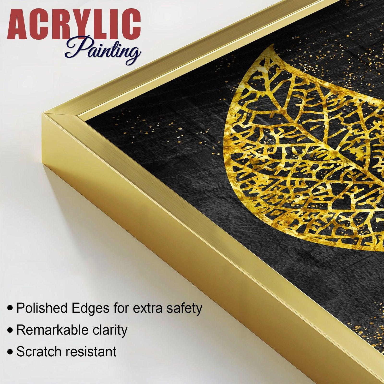 Abstract Golden Shiny Ginkgo Leaf Acrylic Floating Wall Painting Set Of 2 - Decor Smart