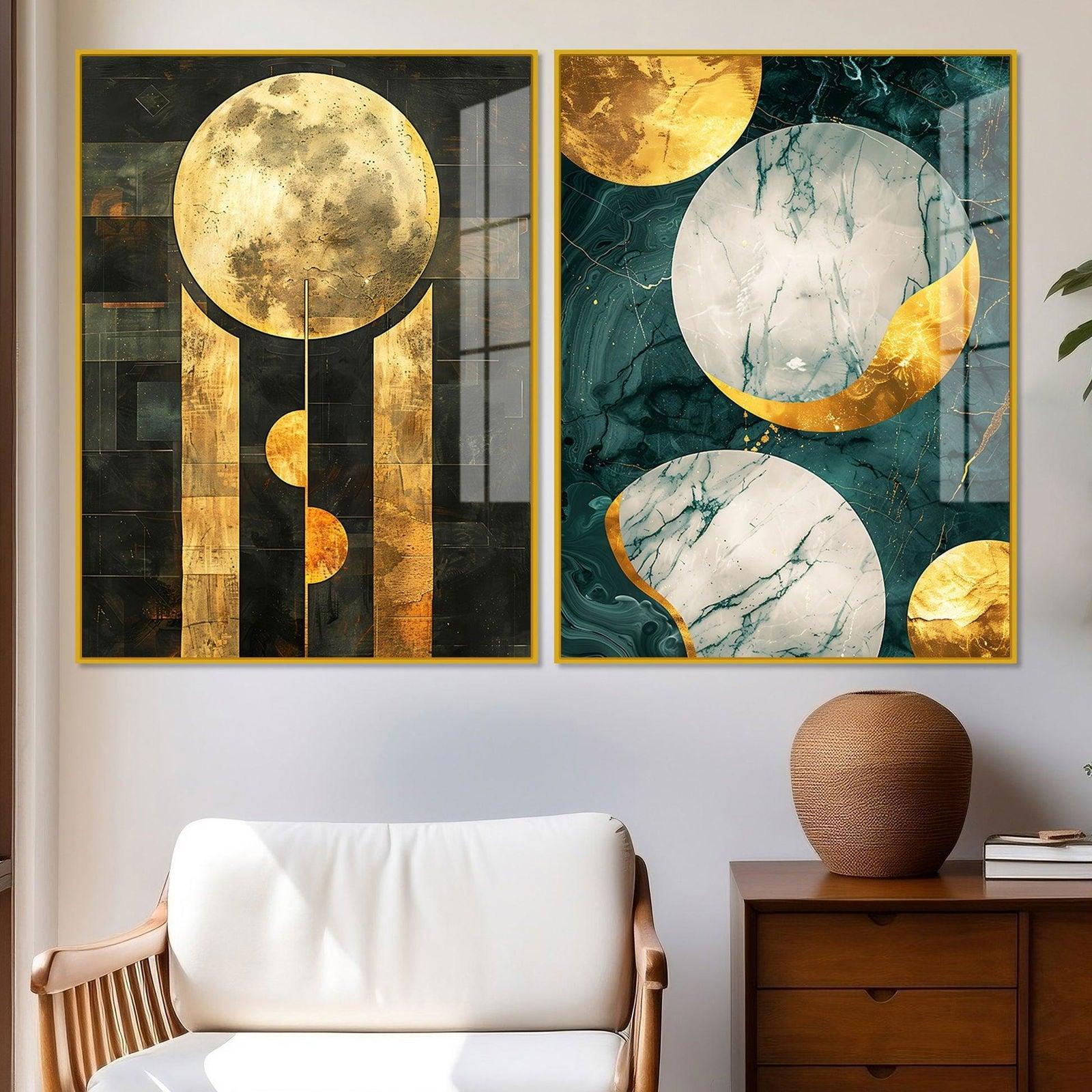 Abstract Golden Textured Shape Art Acrylic Floating Wall Painting Set Of 2 - Decor Smart
