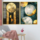 Abstract Golden Textured Shape Art Acrylic Floating Wall Painting Set Of 2 - Decor Smart