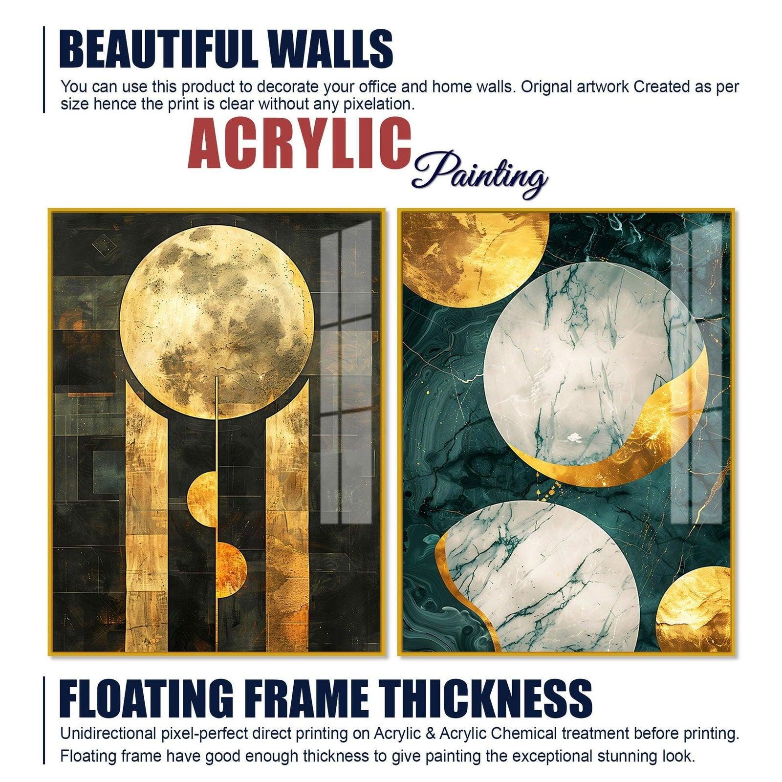 Abstract Golden Textured Shape Art Acrylic Floating Wall Painting Set Of 2 - Decor Smart
