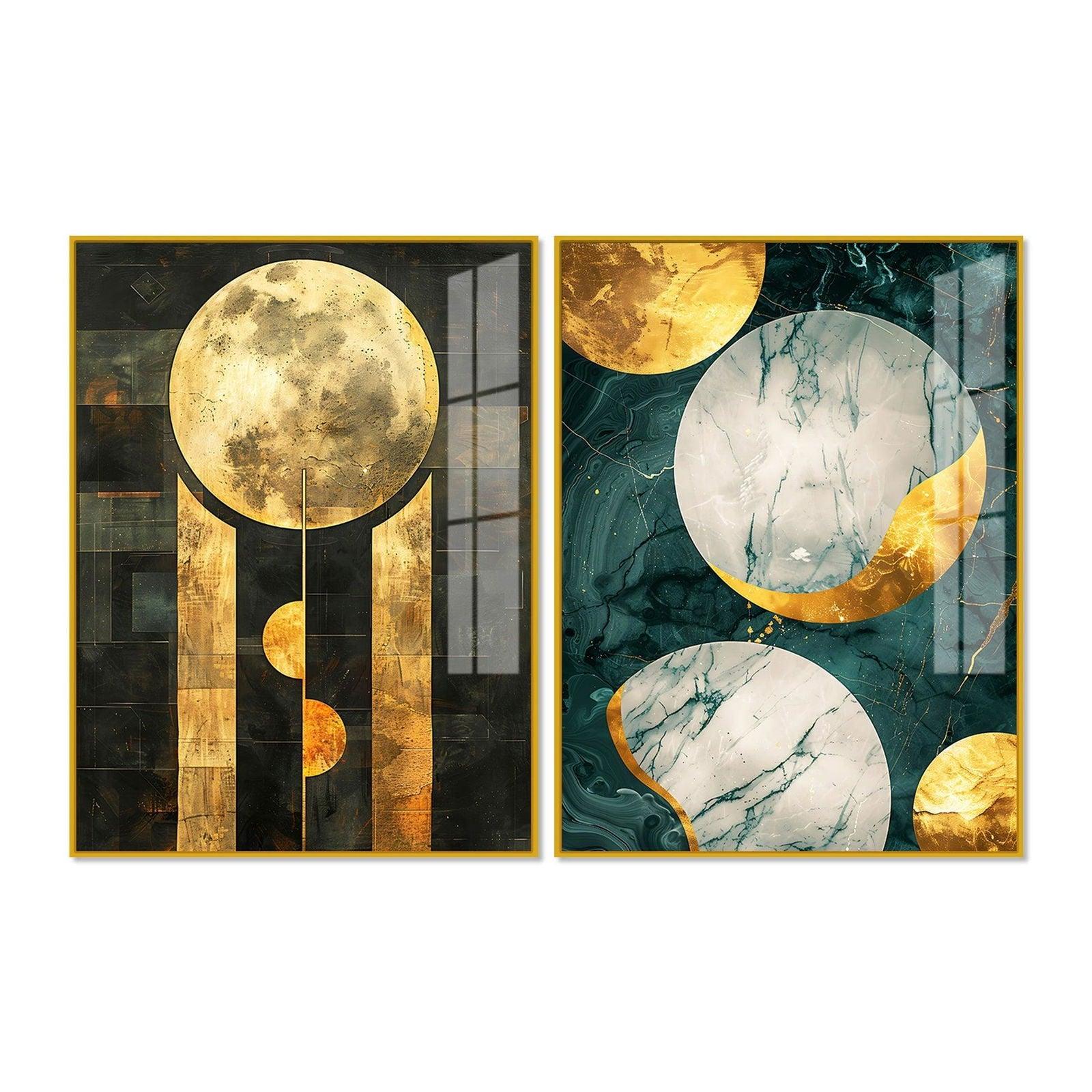Abstract Golden Textured Shape Art Acrylic Floating Wall Painting Set Of 2 - Decor Smart