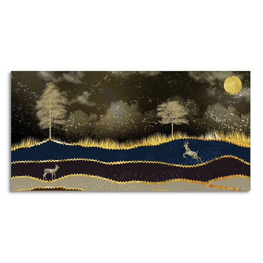 Abstract Midnight Golden Scenery with Deer Canvas Wall Painting - Decor Smart