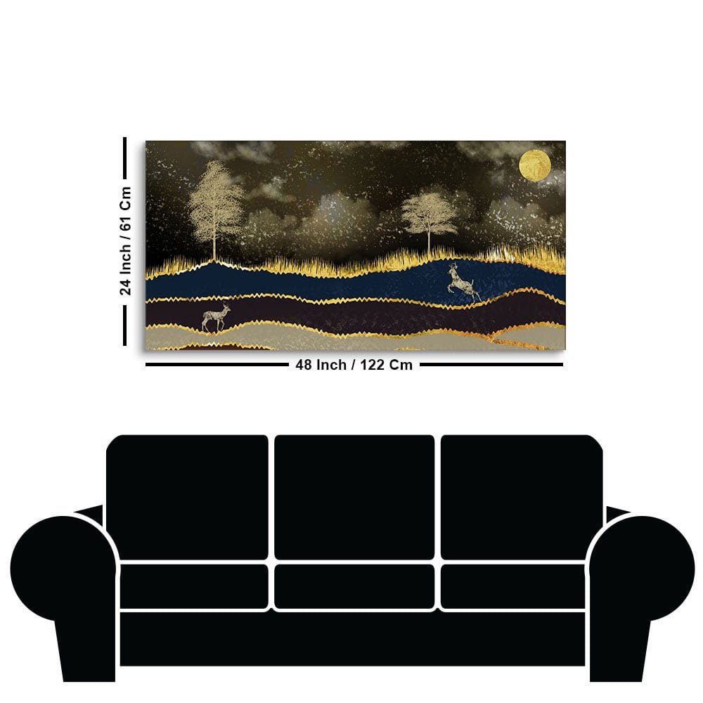 Abstract Midnight Golden Scenery with Deer Canvas Wall Painting - Decor Smart