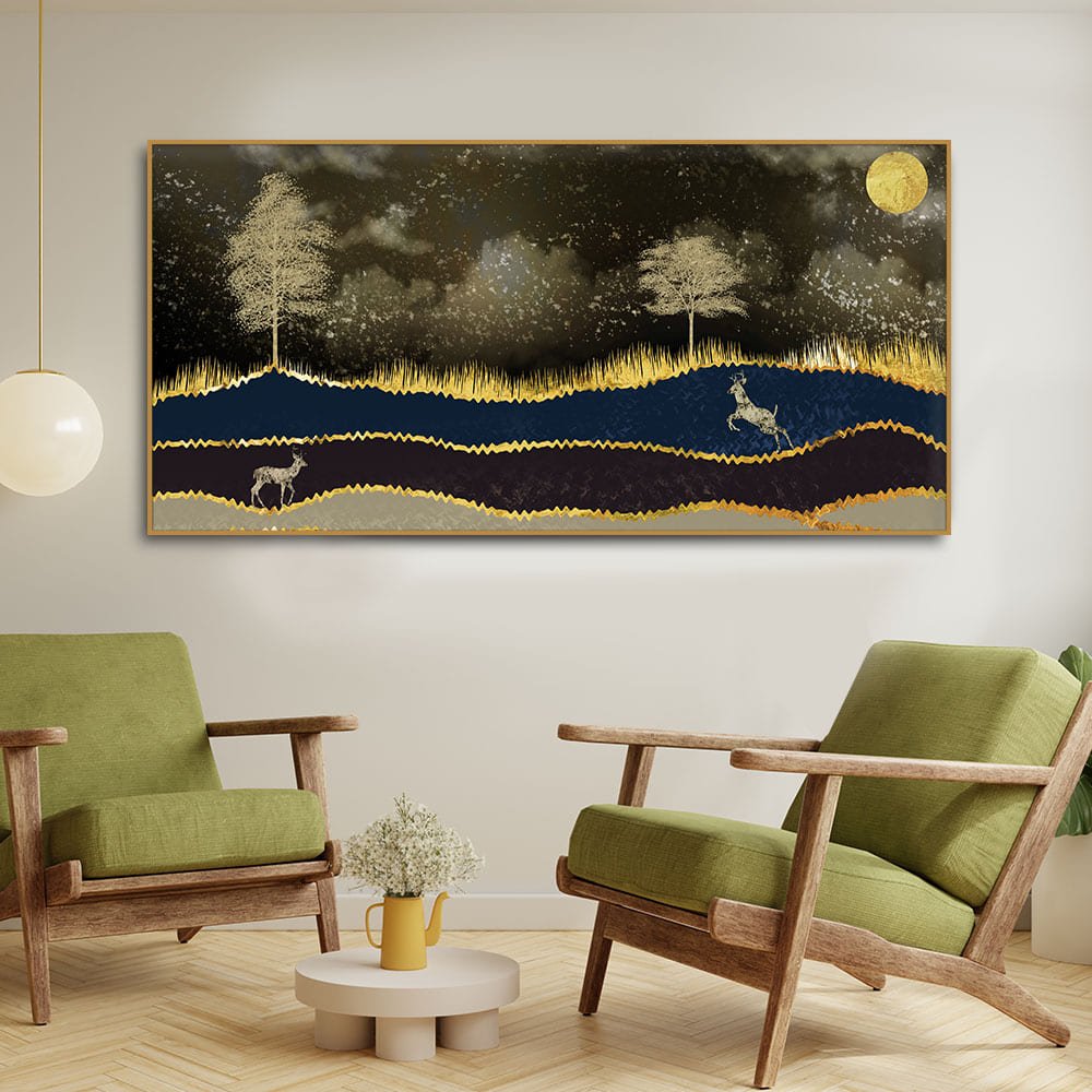 Abstract Midnight Golden Scenery with Deer Canvas Wall Painting - Decor Smart