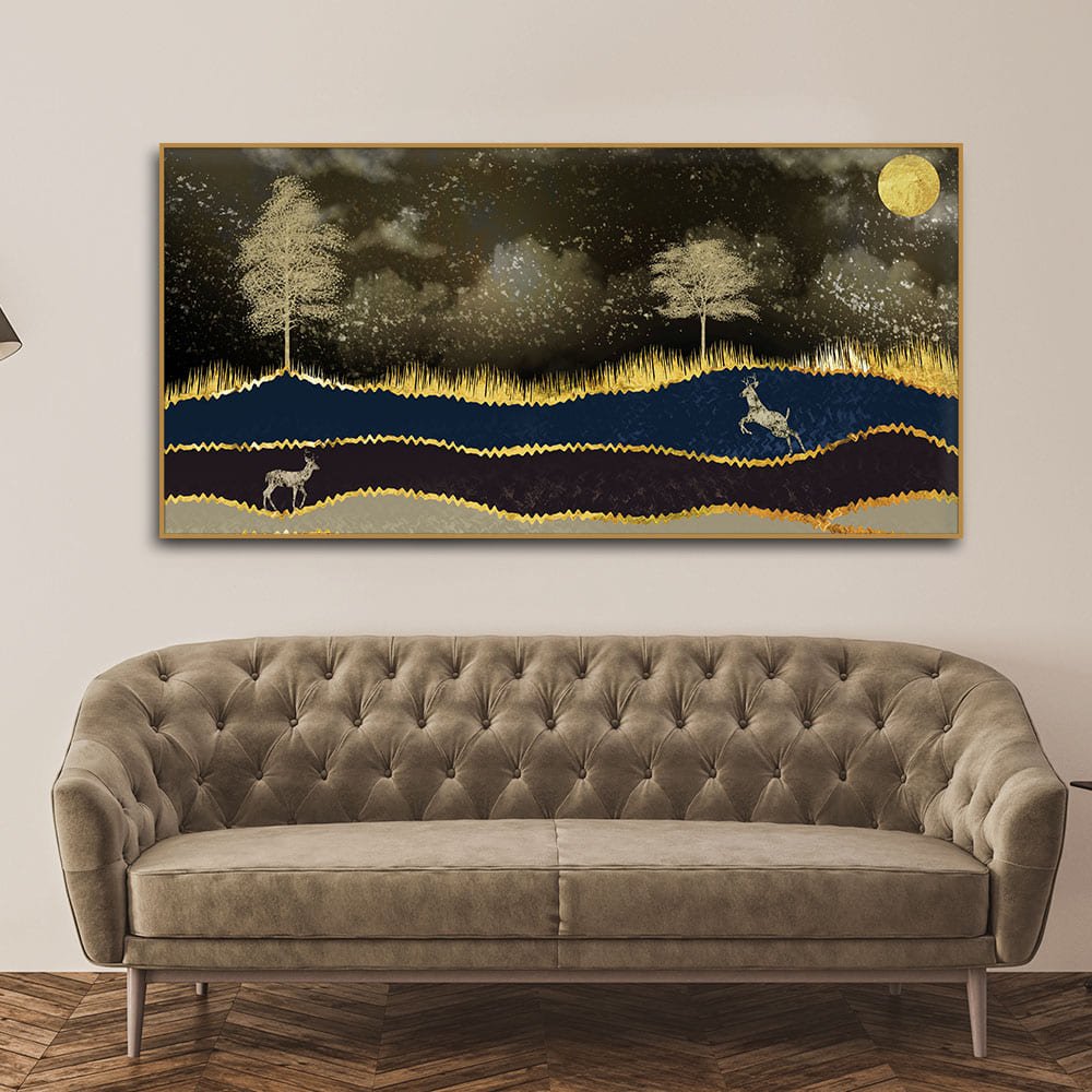 Abstract Midnight Golden Scenery with Deer Canvas Wall Painting - Decor Smart