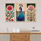 Abstract Modern Floral Peacock Art Wooden Wall Frame Set of Three