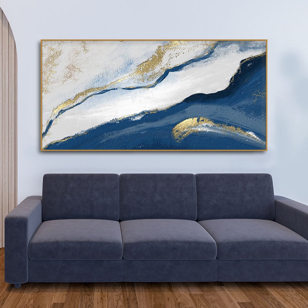 Abstract Seascape Blue and Gold Line art Canvas Wall Painting - Decor Smart