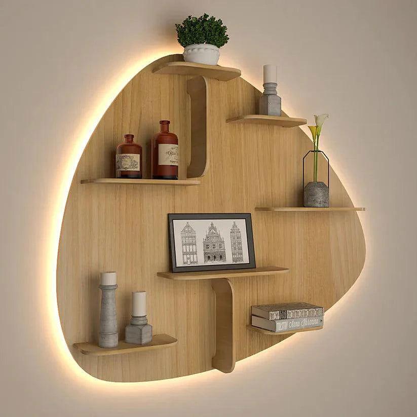 Abstract Shape Backlit Designer Wooden Wall Shelf / Book Shelf / Night Light, Light Oak Finish - Decor Smart