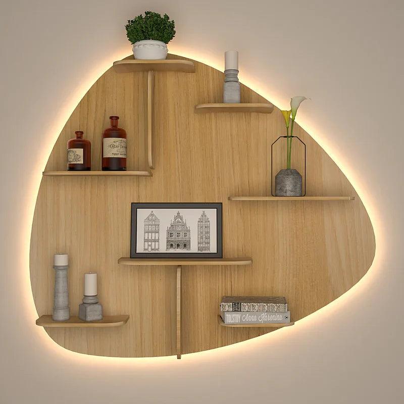 Abstract Shape Backlit Designer Wooden Wall Shelf / Book Shelf / Night Light, Light Oak Finish - Decor Smart