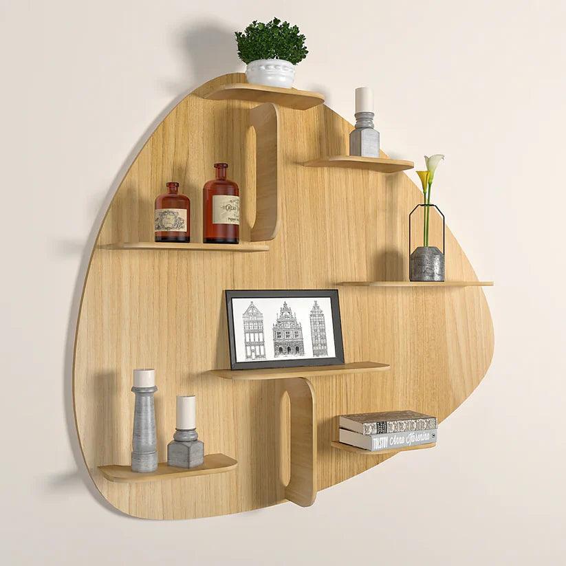 Abstract Shape Backlit Designer Wooden Wall Shelf / Book Shelf / Night Light, Light Oak Finish - Decor Smart