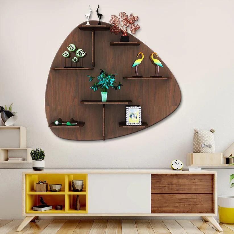 Abstract Shape Backlit Designer Wooden Wall Shelf / Book Shelf / Night Light, Walnut Finish - Decor Smart