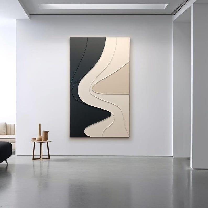 Abstract Wall Panel with Dimensional Curves in Black and Cream