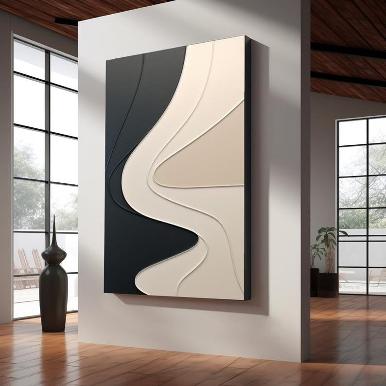 Abstract Wall Panel with Dimensional Curves in Black and Cream