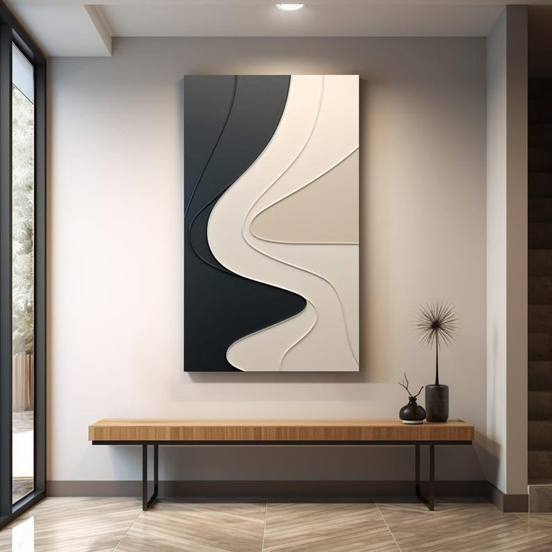 Abstract Wall Panel with Dimensional Curves in Black and Cream