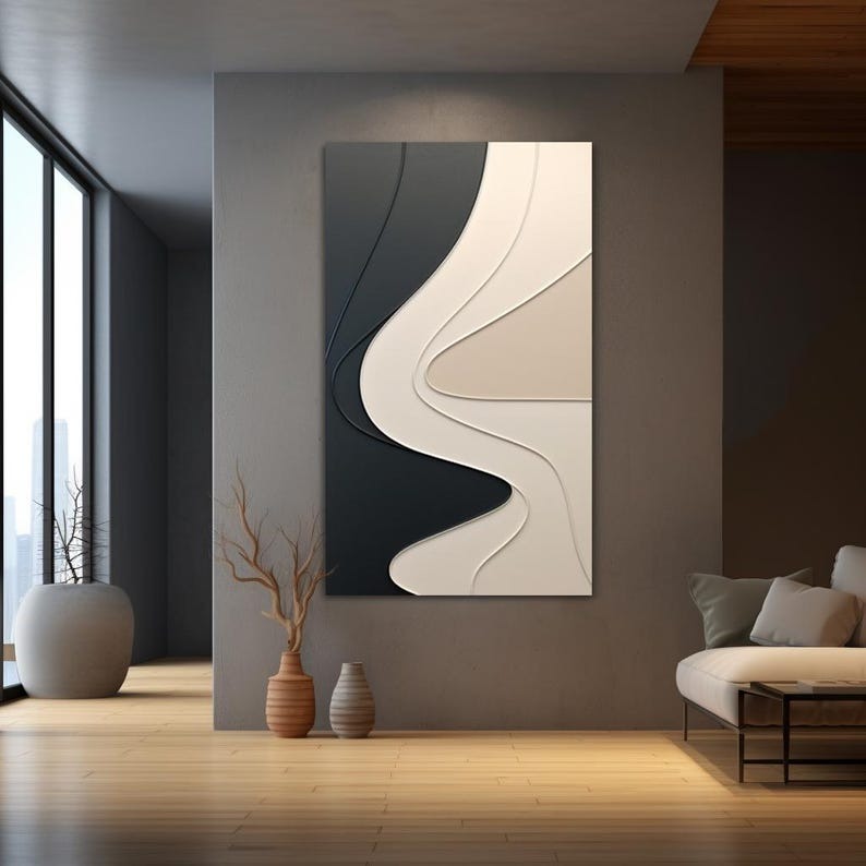 Abstract Wall Panel with Dimensional Curves in Black and Cream